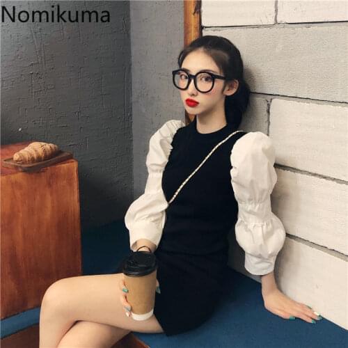 Nomikuma Puff Long Sleeve Patchwork Knitted Dresses Korean O-neck Slim Stretch Women Dress 2020 Autumn Sweater Vestidos 6C643