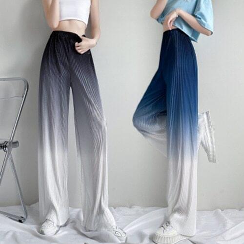 Casual Wide Leg Pants Women 2021 Summer Korean Style Streetwear Chic Gradient Color Elastic Waist Pleated Trousers B381