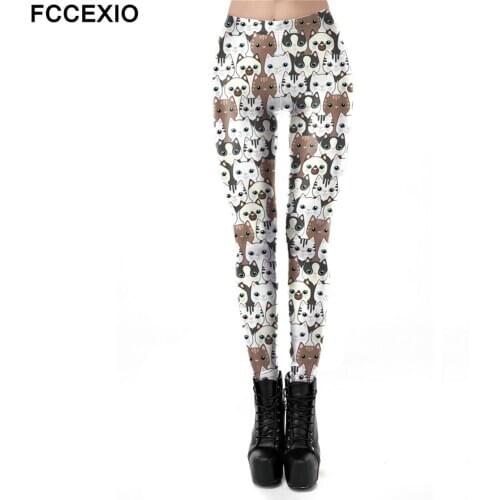 FCCEXIO New Women Leggings Lots of Cute Cat Heads Printed Female Pants Sporting Fitness Legings Fashion Trousers Sexy Tights