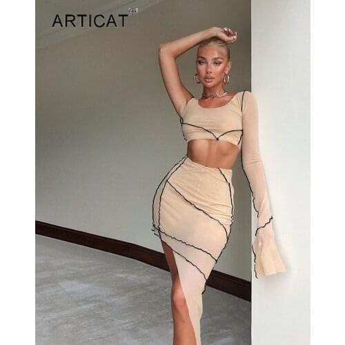Articat Mesh Transparent Two Pieces Dress Sets Women Summer Single Sleeve Top Asymmetrical Skirt Suit Outifits Sexy Matching Set