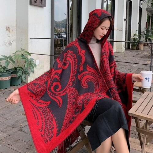 130x150CM Retro Winter autumn thick warm shawl winter cashmere scarf for women red cashew print travel scarfs female Cape Cloak