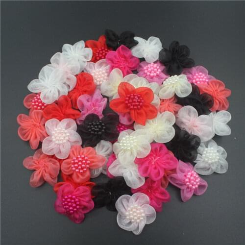 150/500pcs Pearls Voile Ribbon Flowers For DIY Baby Girls Headbands Hair Bow Accessories Organza Flower For Crafting Supplies