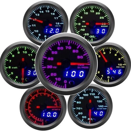 2" 52mm 7 Colors LED Dual Display Boost Water Oil Temp Oil Pressure Voltmeter Air Fuel Ratio EGT Tachometer Car Gauge Holder Cup