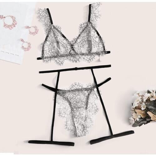 3pc Women Cute Sexy Eyelash Underwire Lingerie Set Women Floral Lace Garter Pajamas Lingerie G-string Set Нижнее Белье Женское