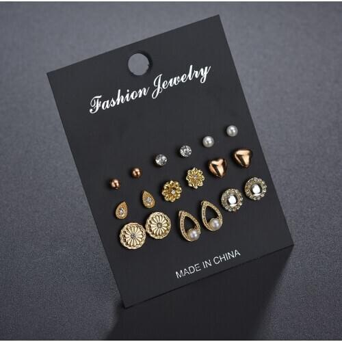 9 Pairs Korean Fashion Exquisite Metal Beads Heart Pearl Zircon Stud Earrings Set for Women Men Girls Ear Jewelry Gift Wholesale