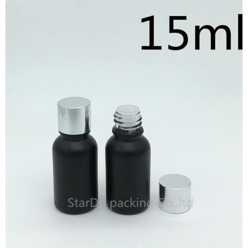 Free Shipping 10pcs 15ML Black Frosted Glass Bottle Vials Essential Oil Bottle Shining silvery Aluminum screw cap Perfume bottle
