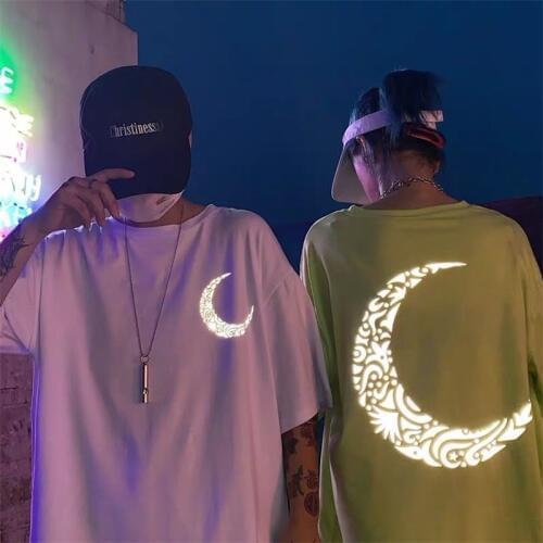Summer Hong Kong Style ins retro super fire reflective moon print loose short sleeve T-shirt trend for men and women