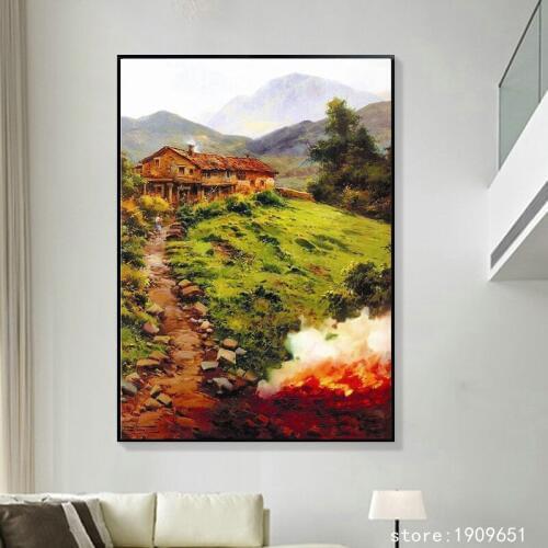 Cotton no frame impression rural road house scenery canvas printings oil painting printed on cotton wall art decoration picture