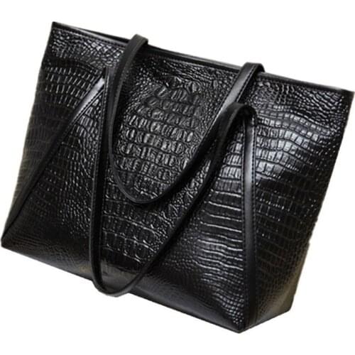 ICON-New fashion casual glossy alligator totes large capacity ladies simple shopping handbag PU leather shoulder bags(Black)