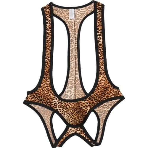 Sexy Men Sexy Cotton Leopard Jumpsuit Bodysuit Mens Suspender Singlet Open Buttocks Underwear Breathable Big Strecth Bodywear