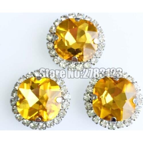 12mm 20pcs gloden yellow Crystal buckle Fat Square shape AAA+ Glass sew on rhinestones with holes DIY parts SKFF02