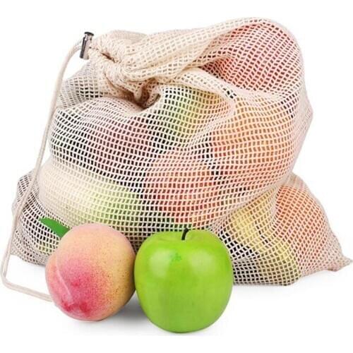 Vegetable Bags Cotton Fruit Vegetable Mesh Bag With Drawstring Reusable Home 1PC Kitchen Storage Mesh Bags Machine Washable