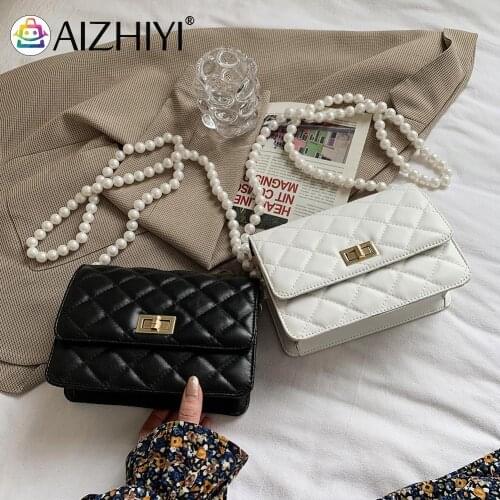 Fashion Women Pearl Chain PU Leather Lattice Pattern Shoulder Crossbody Messenger Bag Ladies Vintage Small Purse