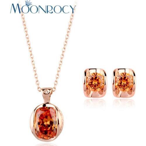 MOONROCY Free Shipping fashion crystal necklace and earrings Jewelry set Zirconia Rose Gold Color Jewelry Set fashion Gift