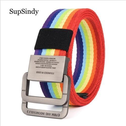 SupSindy Fashion men nylon canvas belt luxury Colorful stitching Strap metal buckle vintage tactical belts for women jeans belt