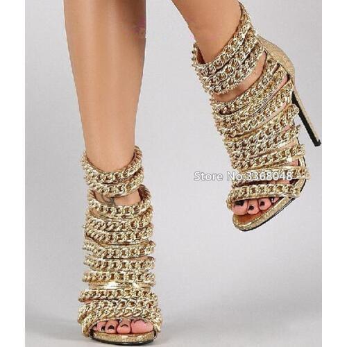 2019 New Fashion Gold Chain High Heel Sandals Sexy Open Toe Hollow Out Gladiator Woman Pumps Cover Heel Stage Dress Shoes