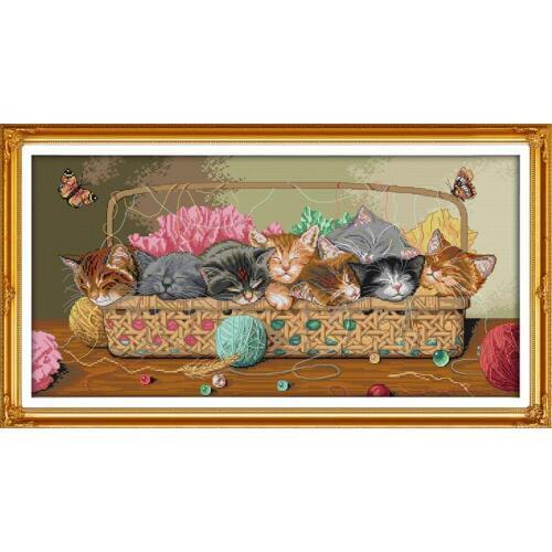 The Newborn kittens in the basket Counted Cross Stitch DIY 14CT and11CT For Embroidery Home Decor Needlework Cross-stitching Set