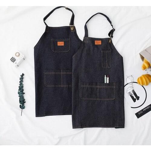 New Apron Denim Oil-proof Cooking Gown Kitchen Household Adult Men and Women Waist waist can be Wiped