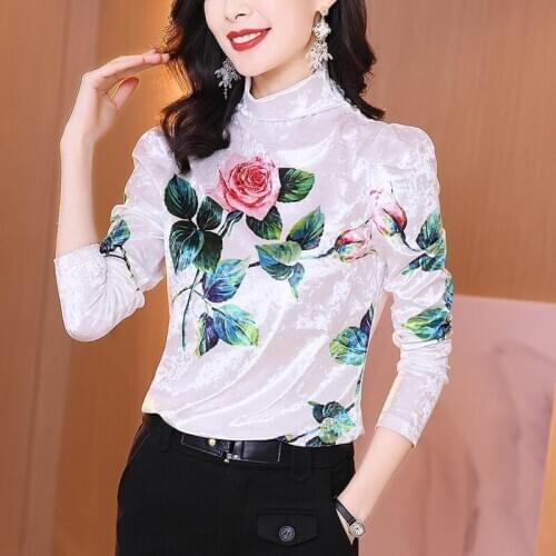 2020 Fall Winter Fashion Womens Turtleneck Floral Printed Pattern White Velvet Top Shirt , Woman Clothes 4xl Velour Tops Tshirt