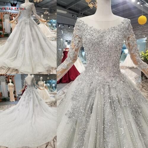 Luxury Gray Vintage Ball Gown Evening Dresses Long Sleeve Crystal Beaded Lace 100% Real Photo Robe De Soiree Party Dress DW05
