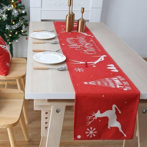Merry Christmas Table Flag Polyester Elk Printed Table Flag Christmas Table Runner Decorations For Kitchen Home Xmas Ornaments