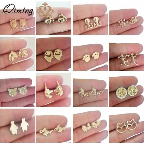 Simple Animal Cat Horse Spider Owl Shark Rabbit Crab Penguin Stud Earrings For Women Baby Kids Gold Silver Jewelry