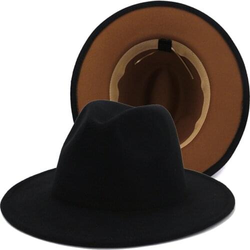 2021 Black Khaki Patchwork Wool Felt Jazz Fedora Hats Men Women Wide Brim Panama Trilby Vintage Cap 56-60CM