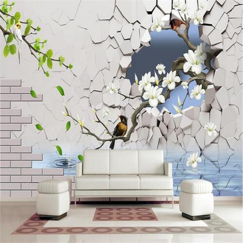 Modern Creative 3D Wallpapers Brick Stone Wallpapers for Walls 3D Bird Flowers Green Leaf Wall Murals for Living Room Home Decor