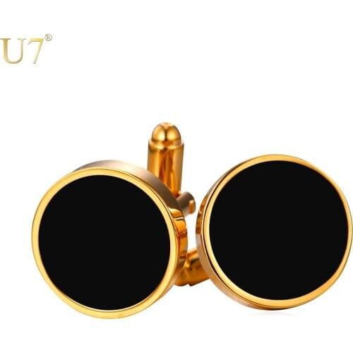 U7 New Arrival Black Round Plain Cufflinks For Mens Enamel Jewelry Trendy Gold Color Men Suit Tie Clips&Cufflinks Box C018