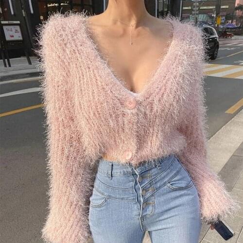 Korean Autumn Sweet Sexy V Neck Mohair Pink Knitted Sweater Crop Long Sleeve Cardigan Temperament Elegant All-match Solid