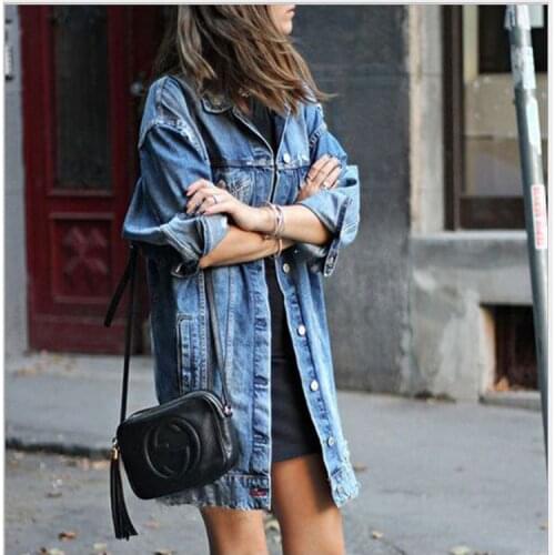 Long Jeans Jacket Blue Jean Jacket Fall 2021 Women Popular Mid Length Dark Hole Denim Trench Coat Oversized Denim Jacket Women