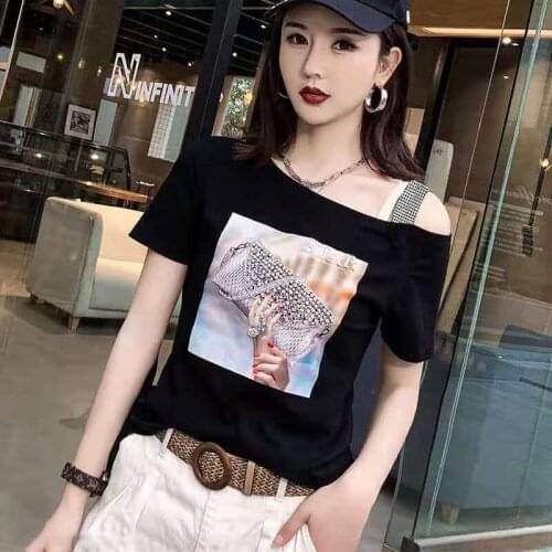 Pure Cotton T-shirt Women 2021 New Style Thin Nail Diamond Western Fashion Off-the-shoulder Top Short-sleeved T-shirt