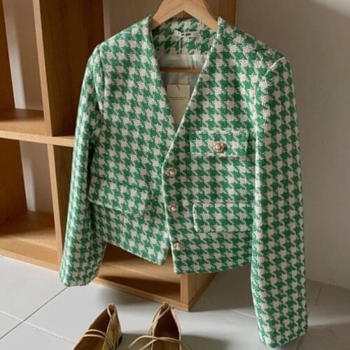 2021 Autumn Green V-neck Single-breasted Houndstooth Tweed Womens Jacket Elegant OL Loose Long Sleeve Short Plaid Womens Coat