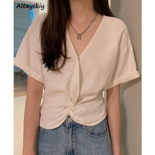 T-shirts Women Folds Tops Tees Summer Design Ulzzang Chic Casual All-match Girls Students V-neck Solid Streetwear Daily Ins New