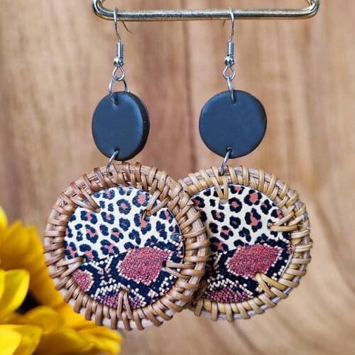 Polymer Clay Disc Woven Rattan Wood Leopard Drop Earrings for Women Fashion Mixed Animal Print Geometric Round Teardrop Pendant