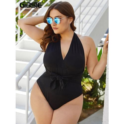 GIBSIE Plus Size Black Halter One Piece Swimsuit Women Backless Sexy Swimwear Knot Front High Waist Beach Bathing Suit Swim Wear