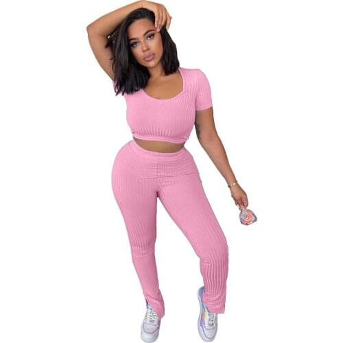 Ribbed 2 Two Piece Sets Womens Outfits Short Sleeve Crop Top Skinny Pants Suit Fall 2021 Casual Tracksuit Sexy Fitness Wear