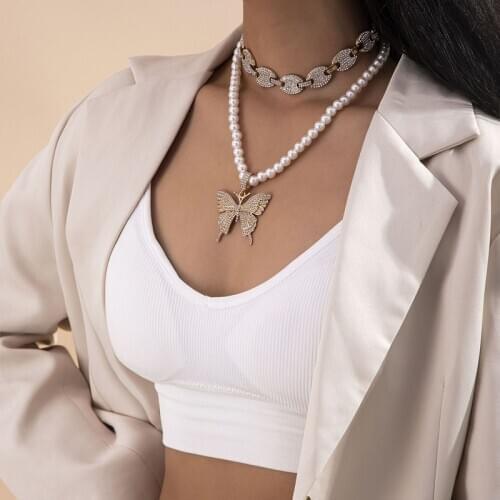 TIMEONLY Vintage Multi Layering Sparkly Crystal Butterfly Faux Pearl Pendant Necklace for Women Girl Chunky Curb Chain Necklace