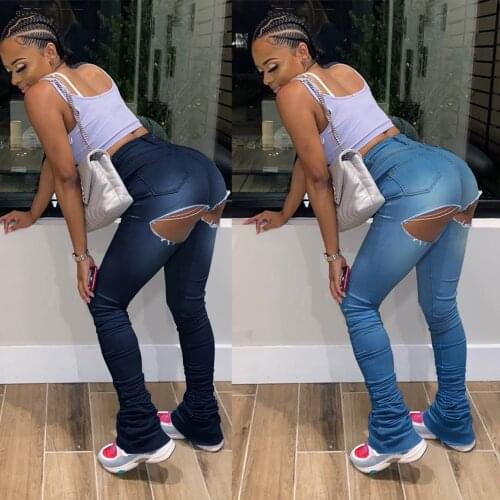 2021 Hot Designs Pleated Denim Jeans Girls Sexy Hollow Back Open Butt Denim Stacked Trousers