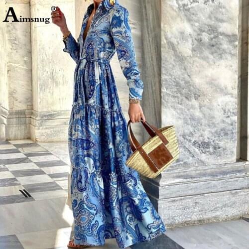 Aimsnug Plus Size Women Elegant Vintage Long Dress Sexy V-neck Party Dresses 2021 Bohemian Retro Flower Print Maxi Dress Femme
