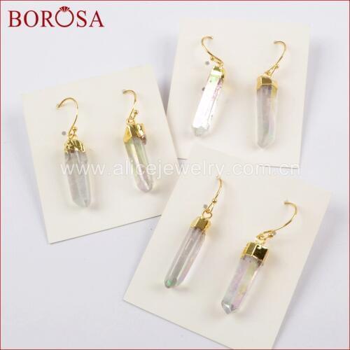BOROSA 5/10Pairs Gold Color AB Color Titanium Crystal Point Drop Earrings, Crystal Pillar Point Cluster Quartz Earrings G1606