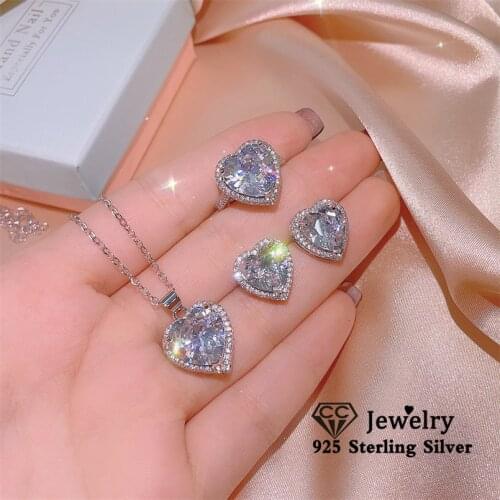 CC Ring Earring Set Heart Design Fine Jewlry Set Party Accessories Wedding Engagement 925 Sterling Silver Lovers Gift CC3231