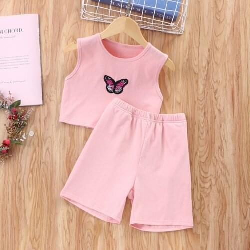 Kids Clothes Summer 2 Pcs Sets Pink Butterfly Sleeveless Tops+short Pants Casual Cotton Children Sets Home Kids Girl Pajama 4-9Y