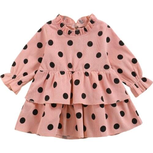 Kids Baby Layered Dress Girls Dots Print Round Neck Long Sleeve Princess Casual Dress Spring Summer Pink/Earthy Yellow 0-3Years