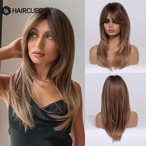 Long Layered Wavy Ombre Brown Hair Wigs with Bangs Heat Resistant Synthetic Wigs for Afro Women Daily Cosplay Natural Wigs