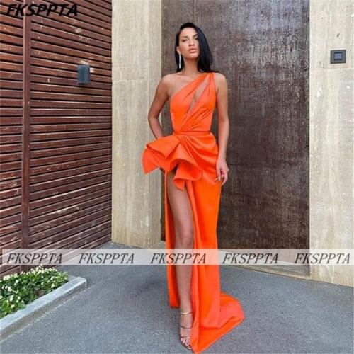 One Shoulder Long Orange Prom Dresses 2021 High Slit Straight Shiny Satin Special Occasion Formal Women Gowns For Prom