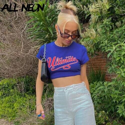 ALLNeon Vintage 90s Aesthetics Letter Print Blue Baby Tees Y2K Streetwear O-neck Short Sleeve T-shirts Cute Crop Tops Summer New