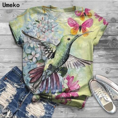 Umeko Plus Size 5XL Women Tshirts Vintage Birds Short Sleeve Print T-shirts Ladies Fashion Casual Tops Harajuku Tees Clothing