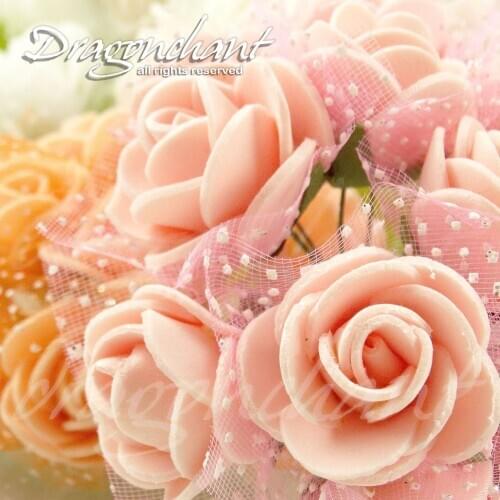 2-2.5cm Head 12PCS PE Foam Artificial Rose Flowers Bouquet with Organza Solid Color For DIY Wedding Decoration