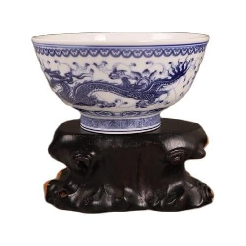 Chinese Old Porcelain Blue And White Double Dragon Bowl